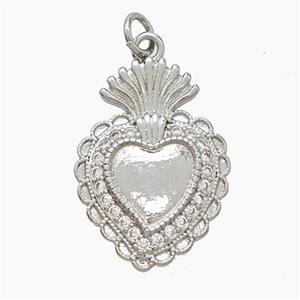 Copper Heart Pendant Pave Zirconia Platinum Plated, approx 17-24mm