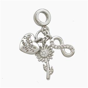 Copper Heart And Infinity Sunflower Pendant Pave Zirconia Platinum Plated, approx 5-15mm, 7mm dia