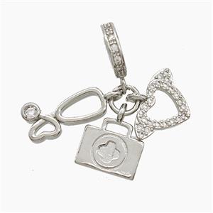 Copper Stethoscope And Heart Aidkit Pendant Pave Zirconia Platinum Plated, approx 8-16mm, 10mm dia