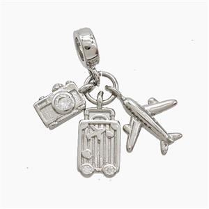 Copper Airplane And Suitcase Camera Pendant Pave Zirconia Platinum Plated, approx 7-12mm, 7mm dia