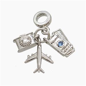 Copper Airplane And Passpord Camera Pendant Pave Zirconia Platinum Plated, approx 7-12mm, 7mm dia