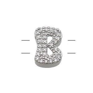 Copper Letter-B Beads Pave Zirconia 2holes Platinum Plated, approx 10-13mm