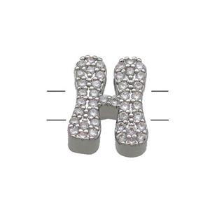 Copper Letter-H Beads Pave Zirconia 2holes Platinum Plated, approx 10-13mm