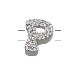 Copper Letter-P Beads Pave Zirconia 2holes Platinum Plated, approx 10-13mm