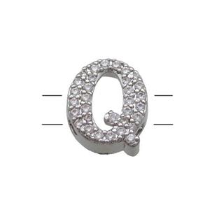 Copper Letter-Q Beads Pave Zirconia 2holes Platinum Plated, approx 10-13mm