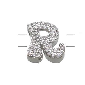 Copper Letter-R Beads Pave Zirconia 2holes Platinum Plated, approx 10-13mm