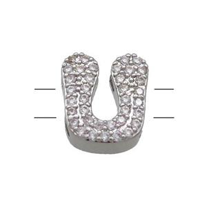 Copper Letter-U Beads Pave Zirconia 2holes Platinum Plated, approx 10-13mm