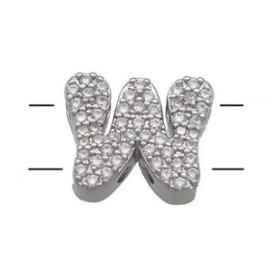 Copper Letter-W Beads Pave Zirconia 2holes Platinum Plated, approx 10-13mm