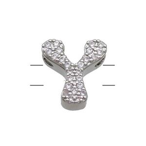 Copper Letter-Y Beads Pave Zirconia 2holes Platinum Plated, approx 10-13mm
