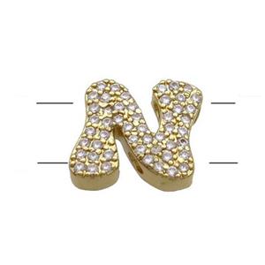 Copper Letter-N Beads Pave Zirconia 2holes Gold Plated, approx 10-13mm