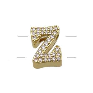Copper Letter-Z Beads Pave Zirconia 2holes Gold Plated, approx 10-13mm