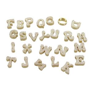 Copper Letter Beads Pave Zirconia 2holes Gold Plated Mix Alphabets, approx 10-13mm