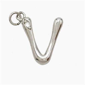Copper Letter-V Pendant Pave Zirconia Platinum Plated, approx 12-17mm