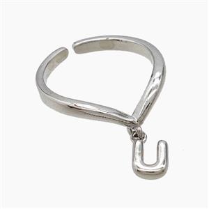 Copper Ring With Letter-U Platinum Plated, approx 6-7mm, 18mm dia