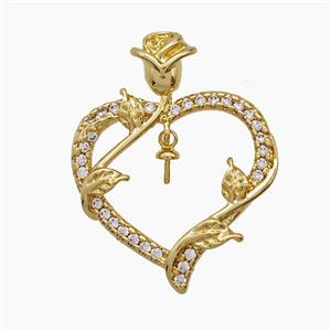 Copper Heart Pendant Pave Zirconia Leaf 18K Gold Plated, approx 23-30mm