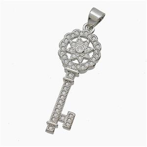 Copper Key Pendant Pave Zirconia Platinum Plated, approx 11-28mm