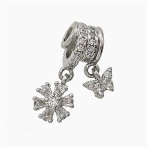Copper Flower Butterfly Pendant Pave Zirconia Platinum Plated, approx 6mm, 8mm, 10mm, 3mm hole