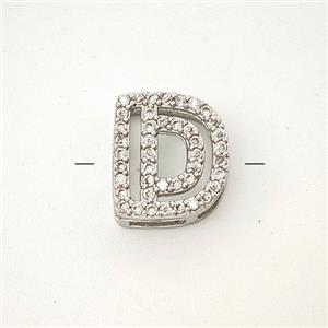 Copper Letter-D Beads Pave Zirconia Platinum Plated, approx 7-11mm