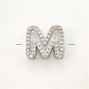 Copper Letter-M Beads Pave Zirconia Platinum Plated, approx 7-11mm