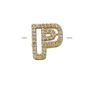 Copper Letter-P Beads Pave Zirconia Gold Plated, approx 7-11mm
