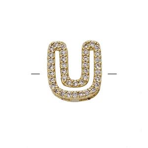 Copper Letter-U Beads Pave Zirconia Gold Plated, approx 7-11mm
