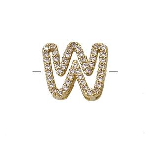 Copper Letter-W Beads Pave Zirconia Gold Plated, approx 7-11mm