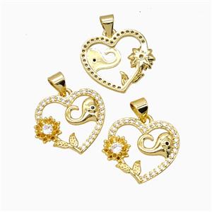 Copper Heart Pendant Pave Zirconia Elephant Flower 18K Gold Plated, approx 18mm