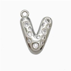 Copper Letter-V Pendant Pave Zirconia Platinum Plated, approx 15-18mm