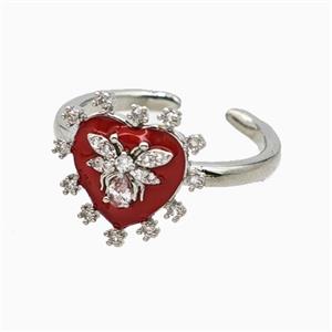 Copper Heart Rings Pave Zirconia Red Enamel Honeybee Platinum Plated, approx 14mm, 18mm dia