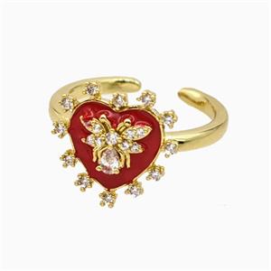 Copper Heart Rings Pave Zirconia Red Enamel Honeybee Gold Plated, approx 14mm, 18mm dia