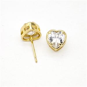 Copper Heart Stud Earrings Pave Zirconia Gold Plated, approx 8.5mm