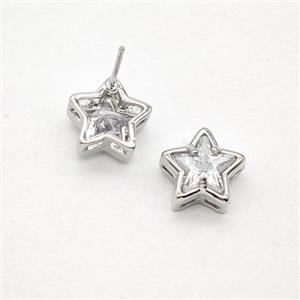 Copper Star Stud Earrings Pave Zirconia Platinum Plated, approx 10mm
