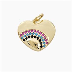 Copper Heart Pendant Pave Zirconia Rainbow Gold Plated, approx 14-16mm