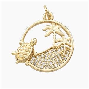 Copper Tortoise And Coconut Tree Pendant Pave Zirconia Gold Plated, approx 18mm