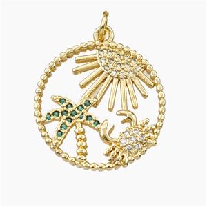 Copper Sun Crab And Coconut Tree Pendant Pave Zirconia Gold Plated, approx 22mm