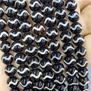 Black Tibetan Agate Beads Smooth Round Wave, approx 8mm