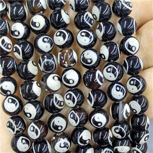 Black Tibetan Agate Beads Smooth Round Taichi, approx 8mm