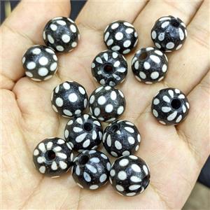 Black Tibetan Agate Beads Smooth Round White Spots Large Hole, approx 14mm, 3mm hole