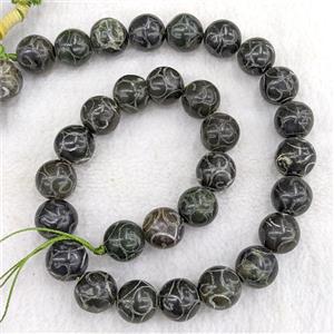 Chinese Huaxiu Jade Round Beads Carved Black Dye, approx 14mm