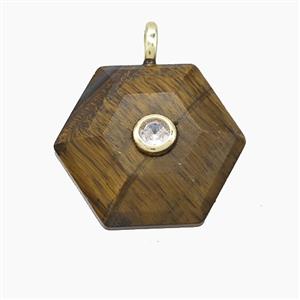 Tiger Eye Stone Hexagon Pendant Pave Zirconia, approx 17-19mm