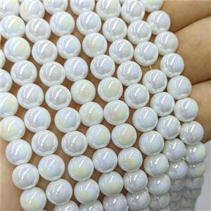 White Jadeite Glass Beads Smooth Round Electroplated, approx 8mm