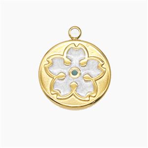 Stainless Steel Flower Pendant White Enamel Gold Plated, approx 15.5mm