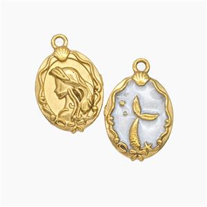 Stainless Steel Mermaid Pendant White Enamel Gold Plated, approx 12-16mm