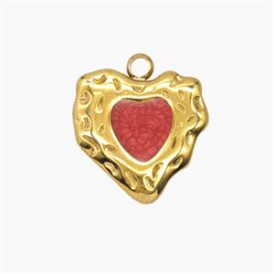 Stainless Steel Heart Pendant Red Enamel Gold Plated, approx 14mm