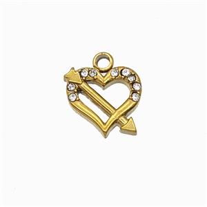 Stainless Steel Cupid Arrow Heart Pendant Pave Rhinestone Gold Plated, approx 10mm