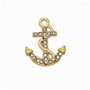 Stainless Steel Anchor Pendant Pave Rhinestone Gold Plated, approx 15-16mm