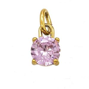 Stainless Steel Pendant Pave Pink Zirconia Gold Plated, approx 7mm