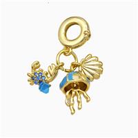 Copper Crab Jellyfish Scallop Shell Pendant Blue Painted Gold Plated, approx 8-10mm, 9mm dia