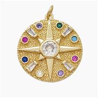 Copper Compass Pendant Pave Zirconia Gold Plated, approx 22mm