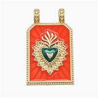 Copper Heart Pendant Rectangle Red Painted 2loops Gold Plated, approx 18-30mm